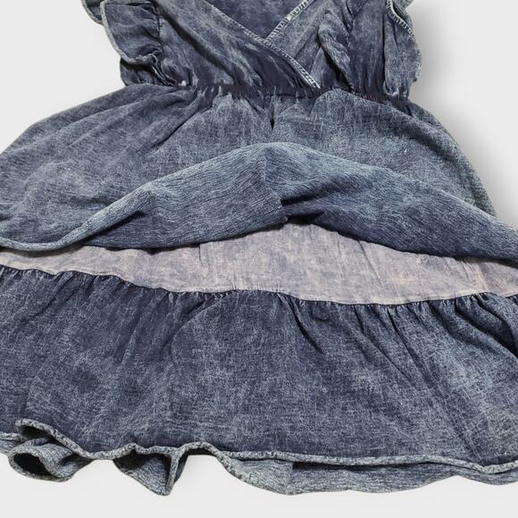 White Birch Acid Wash Denim Ruffle Tiered Flutter Mini Dress XL Layered Grunge - Picture 12 of 12